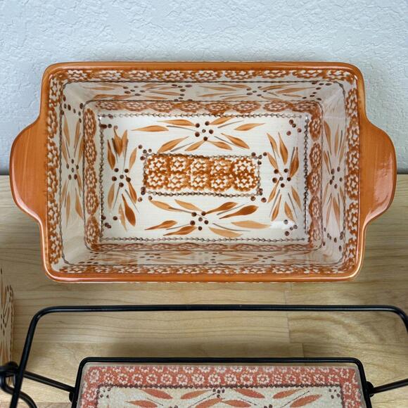 5pc Set Temptations Old World ORANGE 1.5 QT Bakeware Dish w/Rack/Trivet/Ramekins - Picture 8 of 9